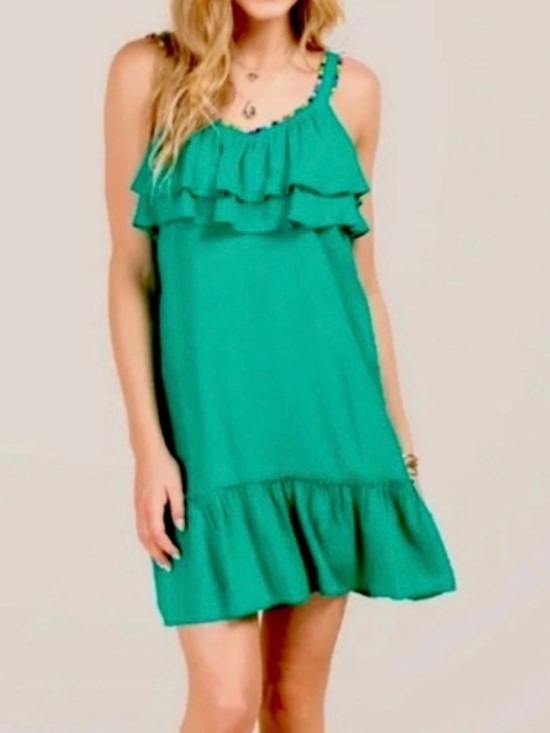 Blue Rain Dresses & Skirts - Francesca’s Swiss Dot Pom Pom Ruffled Mini Beach Dress sundress Size Small green